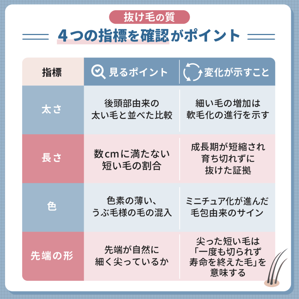 抜け毛の質を構成するための観察指標は4つ
