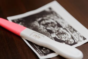 妊娠検査薬とエコー写真の画像